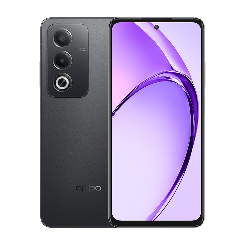 OPPO A3 smartphone featuring a 6.7-inch AMOLED display, a 5000mAh battery, and a 50MP camera with dual SIM capabilities.